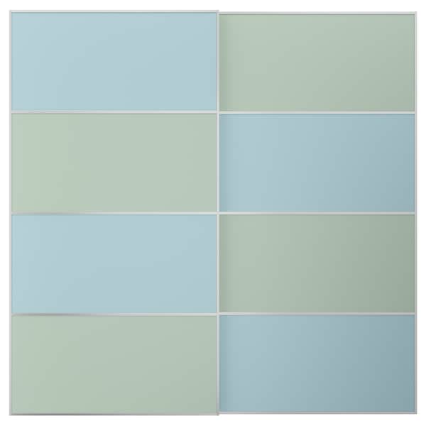 Ikea MEHAMN - Pair of sliding doors, aluminium double sided/light blue light green, 200x201 cm