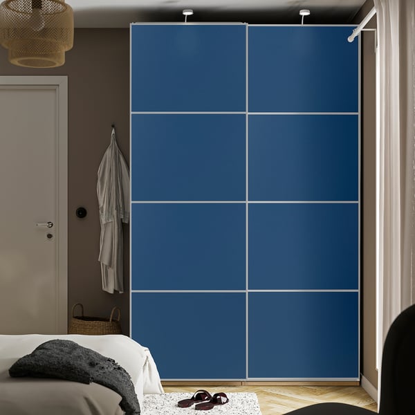 MEHAMN pair of sliding doors, white/double sided blue, 150x236 cm