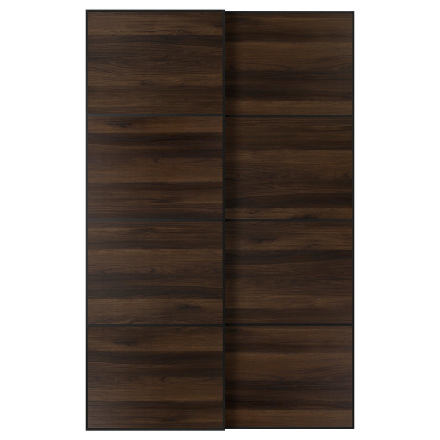 MEHAMN pair of sliding doors, black/double sided dark brown oak effect, 150x236 cm