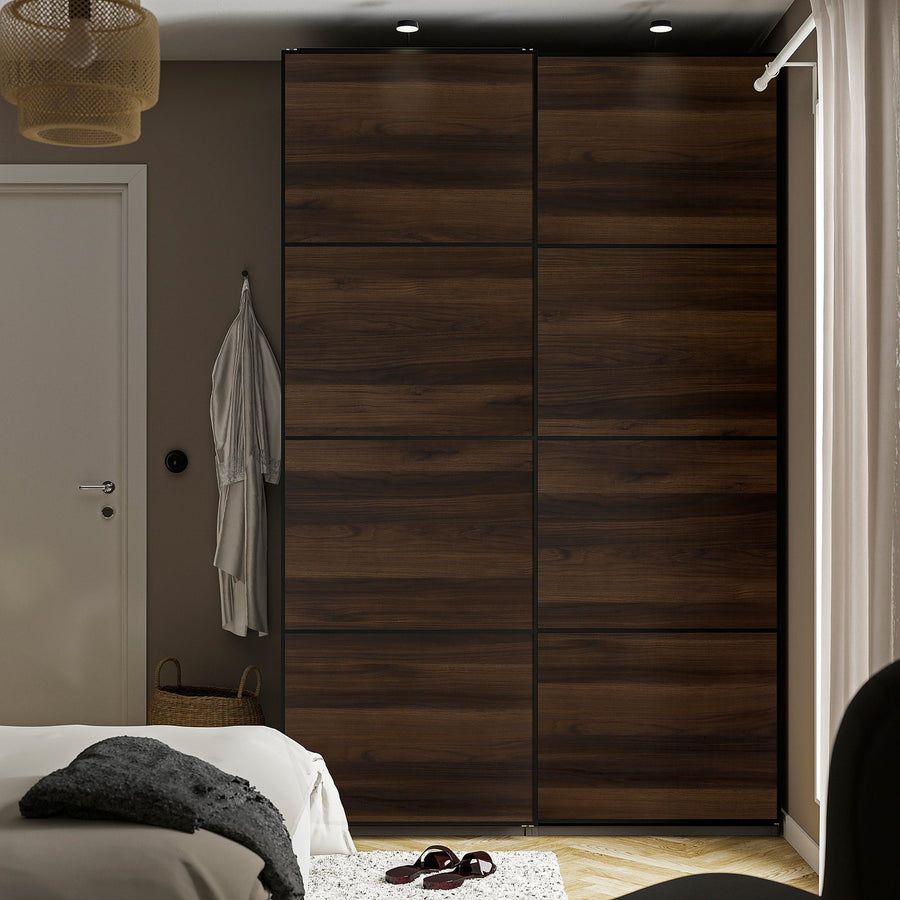 MEHAMN pair of sliding doors, black/double sided dark brown oak effect, 150x236 cm