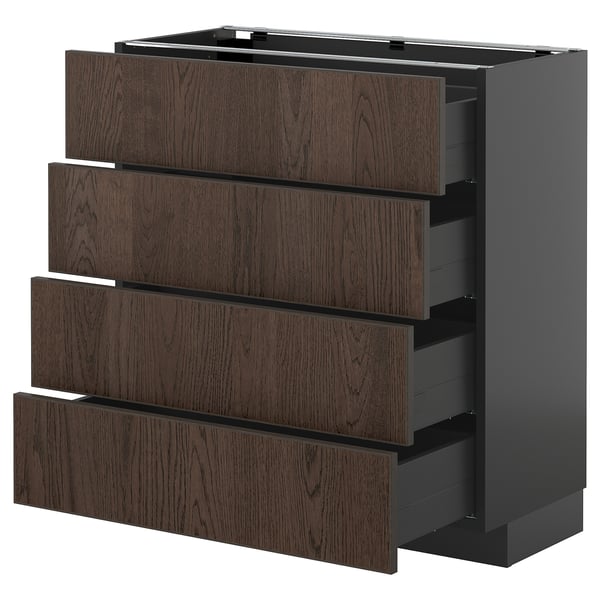 METOD / KNIVSHULT base cab 4 frnts/4 drawers, black-grey/Sinarp brown, 80x37 cm