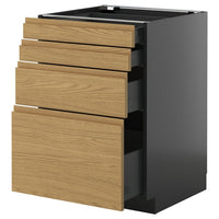 METOD / KNIVSHULT base cab 4 frnts/4 drawers, black-grey/Voxtorp oak effect, 60x60 cm