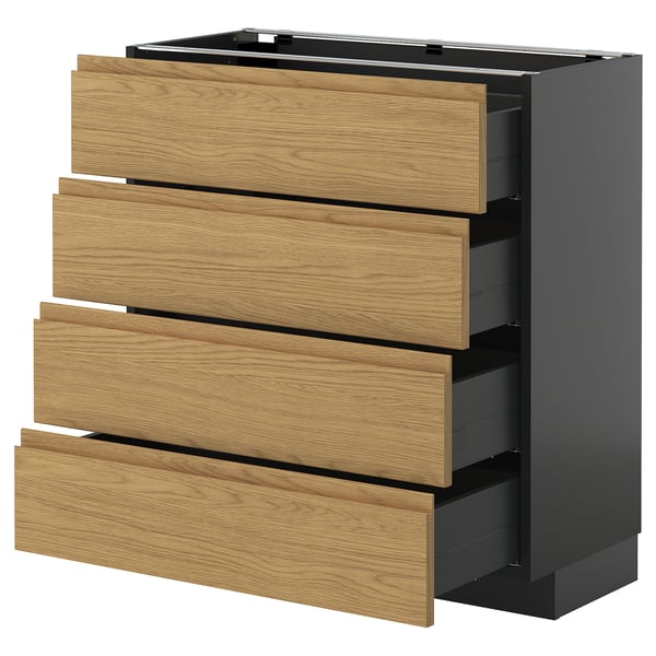 METOD / KNIVSHULT base cab 4 frnts/4 drawers, black-grey/Voxtorp oak effect, 80x37 cm