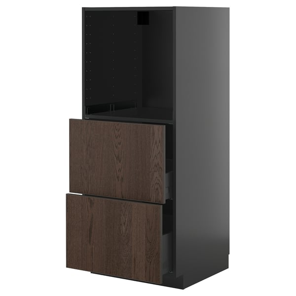 METOD / KNIVSHULT high cabinet w 2 drawers for oven, black-grey/Sinarp brown, 60x60x140 cm