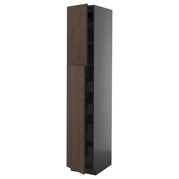 METOD / KNIVSHULT hi cab w 2 doors/4 drawers, black-grey/Sinarp brown, 40x60x220 cm
