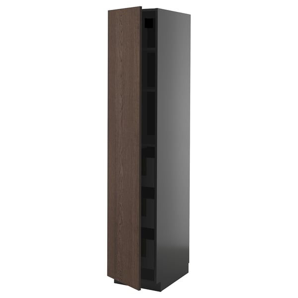 METOD / KNIVSHULT high cabinet with drawers, black-grey/Sinarp brown, 40x60x200 cm