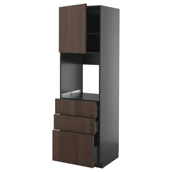 METOD / KNIVSHULT high cab f oven w door/3 drawers, black-grey/Sinarp brown, 60x60x200 cm