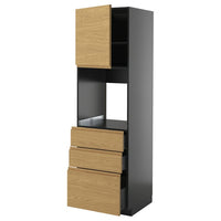 METOD / KNIVSHULT high cab f oven w door/3 drawers, black-grey/Voxtorp oak effect, 60x60x200 cm