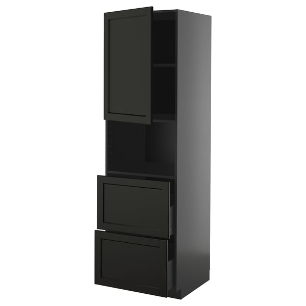 METOD / KNIVSHULT hi cab f micro w door/2 drawers, black-grey/Lerhyttan black stained, 60x60x200 cm