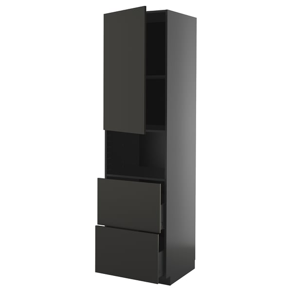 METOD / KNIVSHULT hi cab f micro w door/2 drawers, black-grey/Nickebo matt anthracite, 60x60x220 cm