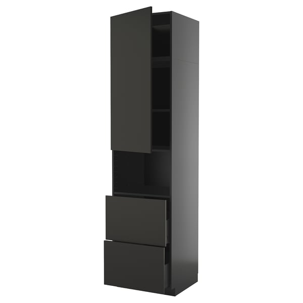 METOD / KNIVSHULT hi cab f micro w door/2 drawers, black-grey/Nickebo matt anthracite, 60x60x240 cm