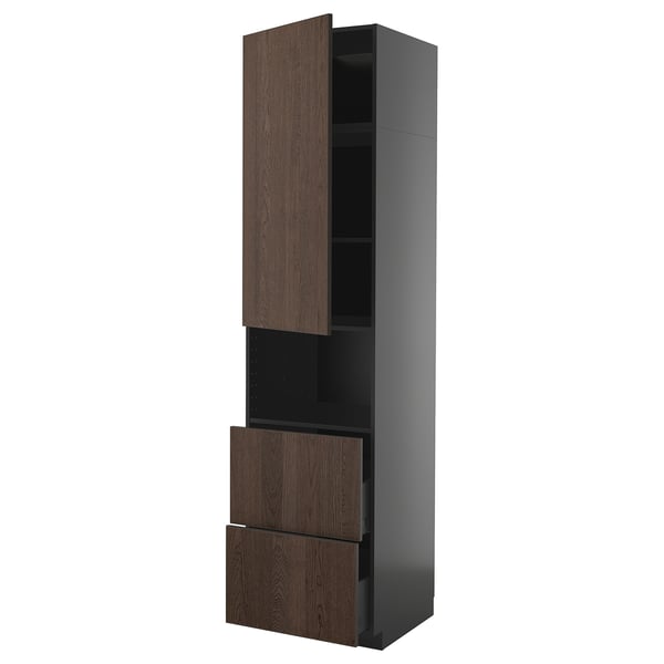 METOD / KNIVSHULT hi cab f micro w door/2 drawers, black-grey/Sinarp brown, 60x60x240 cm