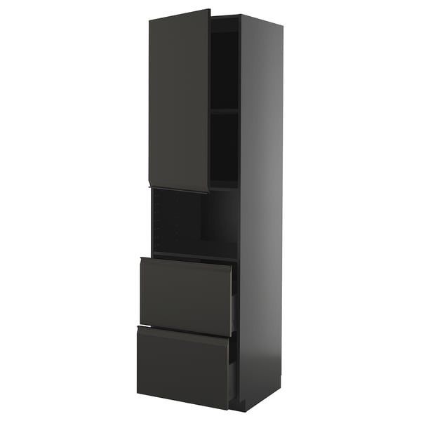 METOD / KNIVSHULT hi cab f micro w door/2 drawers, black-grey/Upplöv matt anthracite, 60x60x220 cm