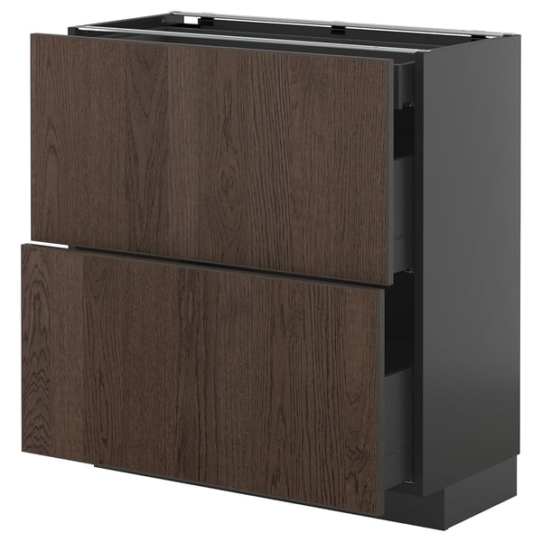 METOD / KNIVSHULT base cab with 2 fronts/3 drawers, black-grey/Sinarp brown, 80x37 cm