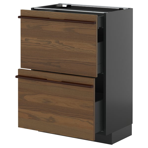 METOD / KNIVSHULT base cab with 2 fronts/3 drawers, black-grey/Stensta dark brown ash veneer, 60x37 cm