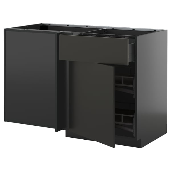 METOD / KNIVSHULT corner base cab w drawer and p-out, black-grey/Nickebo matt anthracite, 128x68 cm