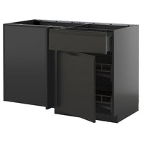 METOD / KNIVSHULT corner base cab w drawer and p-out, black-grey/Upplöv matt anthracite, 128x68 cm
