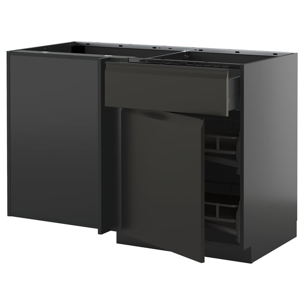 METOD / KNIVSHULT corner base cab w drawer and p-out, black-grey/Upplöv matt anthracite, 128x68 cm