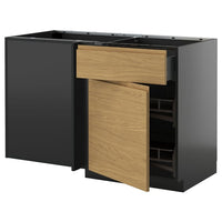 METOD / KNIVSHULT corner base cab w drawer and p-out, black-grey/Voxtorp oak effect, 128x68 cm