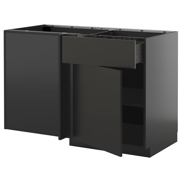 METOD / KNIVSHULT corner base cab w drawer and shelf, black-grey/Nickebo matt anthracite, 128x68 cm