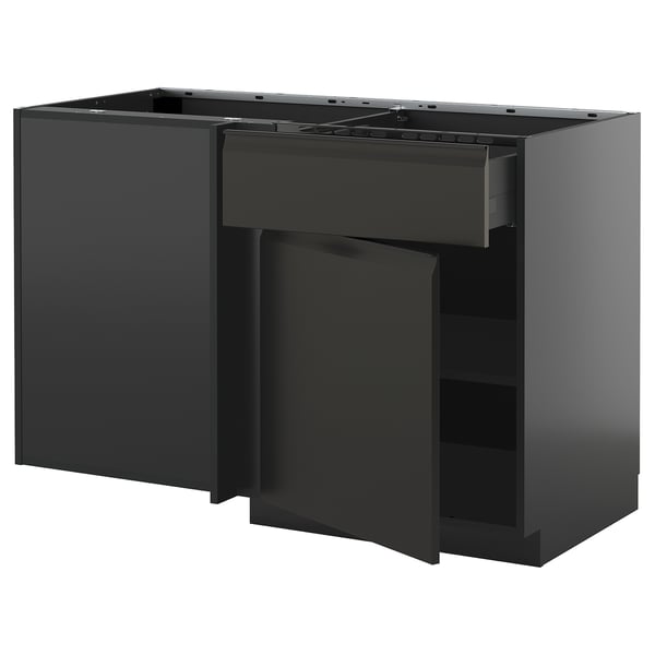 METOD / KNIVSHULT corner base cab w drawer and shelf, black-grey/Upplöv matt anthracite, 128x68 cm