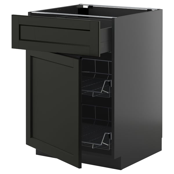 METOD / KNIVSHULT base cab w wire basket/drawer/door, black-grey/Lerhyttan black stained, 60x60 cm