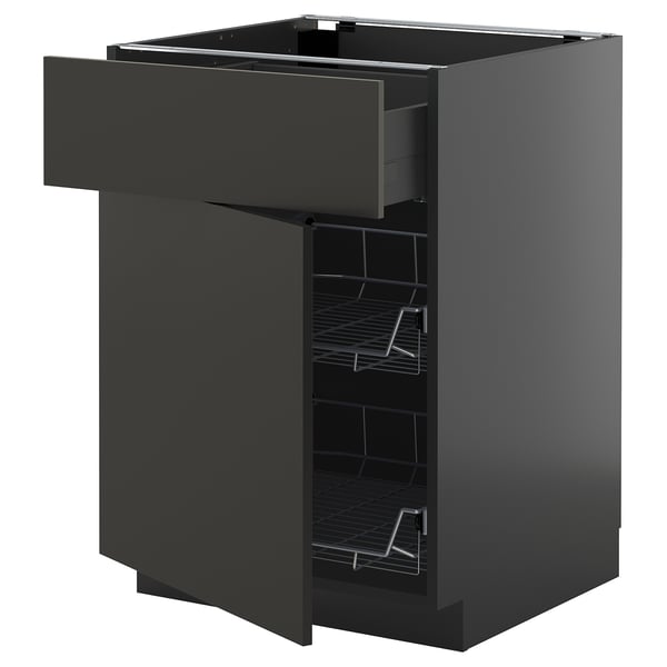 METOD / KNIVSHULT base cab w wire basket/drawer/door, black-grey/Nickebo matt anthracite, 60x60 cm