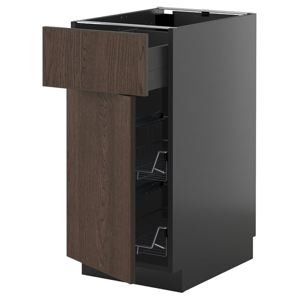 METOD / KNIVSHULT base cab w wire basket/drawer/door, black-grey/Sinarp brown, 40x60 cm