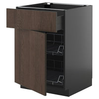 METOD / KNIVSHULT base cab w wire basket/drawer/door, black-grey/Sinarp brown, 60x60 cm