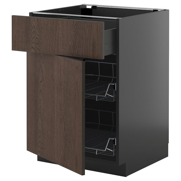 METOD / KNIVSHULT base cab w wire basket/drawer/door, black-grey/Sinarp brown, 60x60 cm