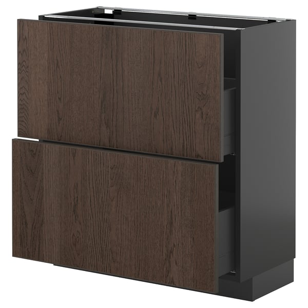 METOD / KNIVSHULT base cabinet with 2 drawers, black-grey/Sinarp brown, 80x37 cm