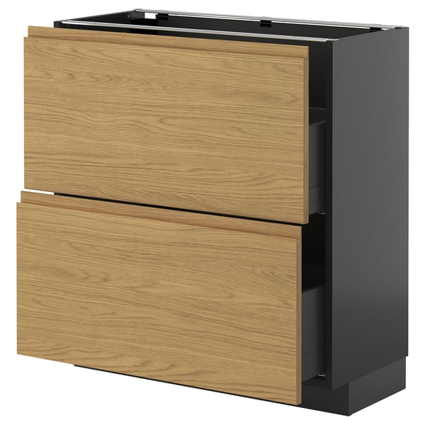 METOD / KNIVSHULT base cabinet with 2 drawers, black-grey/Voxtorp oak effect, 80x37 cm