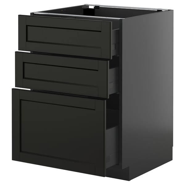 METOD / KNIVSHULT base cabinet with 3 drawers, black-grey/Lerhyttan black stained, 60x60 cm