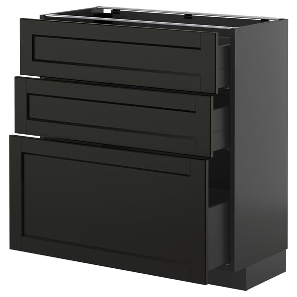 METOD / KNIVSHULT base cabinet with 3 drawers, black-grey/Lerhyttan black stained, 80x37 cm