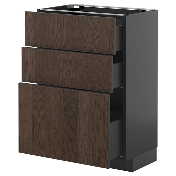 METOD / KNIVSHULT base cabinet with 3 drawers, black-grey/Sinarp brown, 60x37 cm