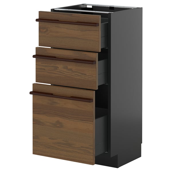 METOD / KNIVSHULT base cabinet with 3 drawers, black-grey/Stensta dark brown ash veneer, 40x37 cm