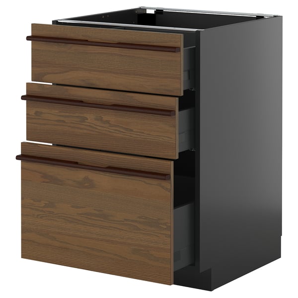 METOD / KNIVSHULT base cabinet with 3 drawers, black-grey/Stensta dark brown ash veneer, 60x60 cm