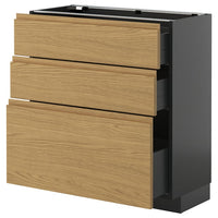 METOD / KNIVSHULT base cabinet with 3 drawers, black-grey/Voxtorp oak effect, 80x37 cm
