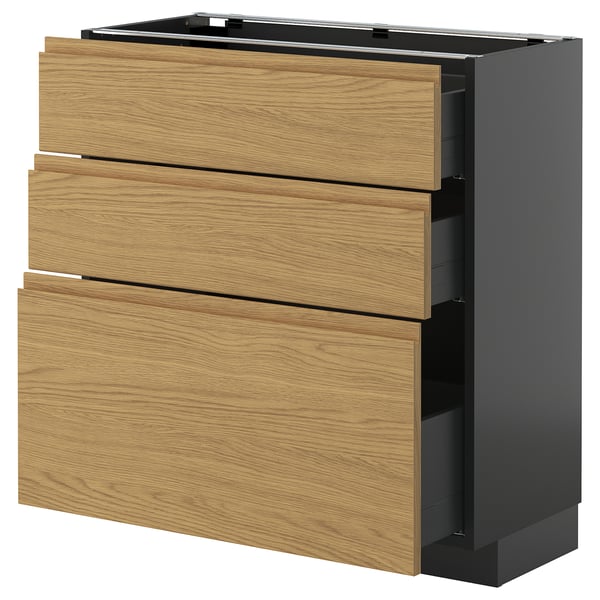 METOD / KNIVSHULT base cabinet with 3 drawers, black-grey/Voxtorp oak effect, 80x37 cm