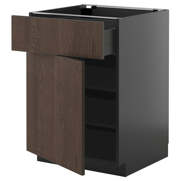 METOD / KNIVSHULT base cabinet with drawer/door, black-grey/Sinarp brown, 60x60 cm