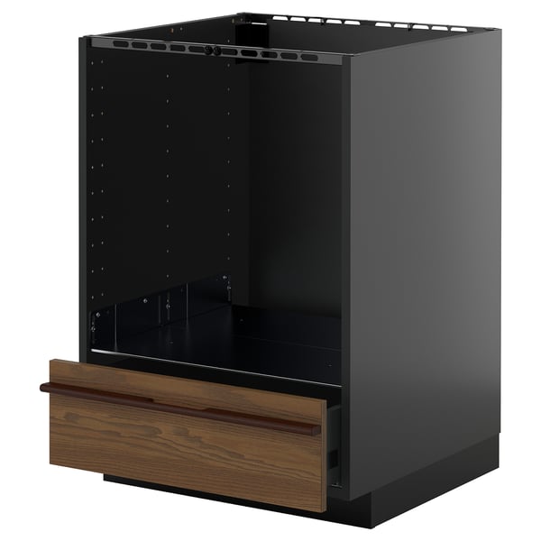 METOD / KNIVSHULT base cabinet for oven with drawer, black-grey/Stensta dark brown ash veneer, 60x60 cm