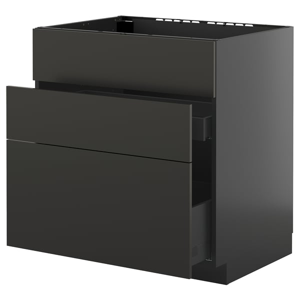 METOD / KNIVSHULT base cab f sink+3 fronts/2 drawers, black-grey/Nickebo matt anthracite, 80x60 cm