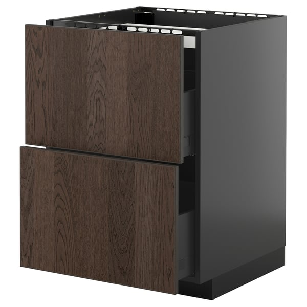 METOD / KNIVSHULT base cab f hob/2 fronts/2 drawers, black-grey/Sinarp brown, 60x60 cm
