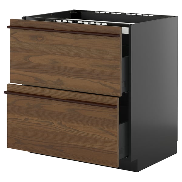 METOD / KNIVSHULT base cab f hob/2 fronts/2 drawers, black-grey/Stensta dark brown ash veneer, 80x60 cm
