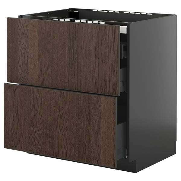METOD / KNIVSHULT base cab f hob/2 fronts/3 drawers, black-grey/Sinarp brown, 80x60 cm