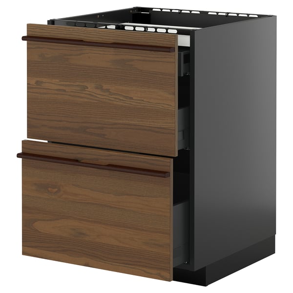 METOD / KNIVSHULT base cab f hob/2 fronts/3 drawers, black-grey/Stensta dark brown ash veneer, 60x60 cm