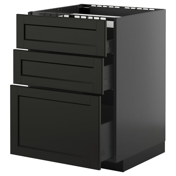 METOD / KNIVSHULT base cab f hob/3 fronts/3 drawers, black-grey/Lerhyttan black stained, 60x60 cm