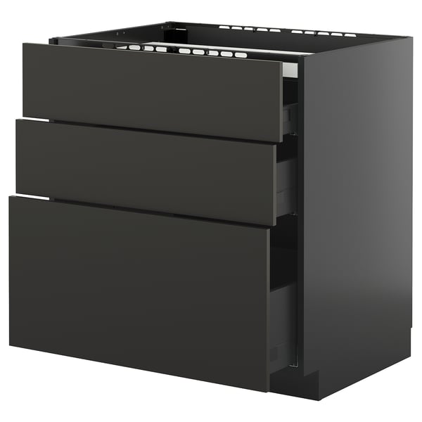 METOD / KNIVSHULT base cab f hob/3 fronts/3 drawers, black-grey/Nickebo matt anthracite, 80x60 cm