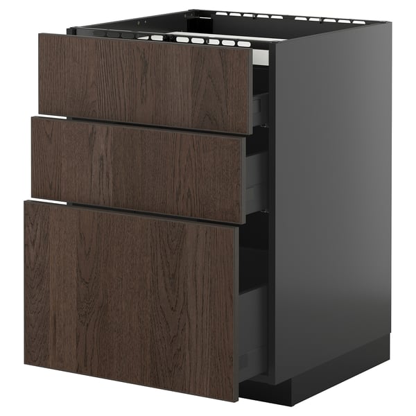 METOD / KNIVSHULT base cab f hob/3 fronts/3 drawers, black-grey/Sinarp brown, 60x60 cm