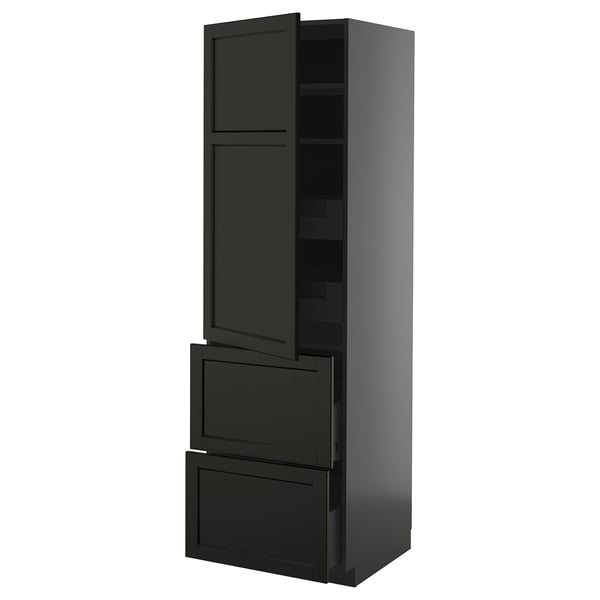 METOD / KNIVSHULT hi cab w shlvs/4 drawers/dr/2 frnts, black-grey/Lerhyttan black stained, 60x60x200 cm